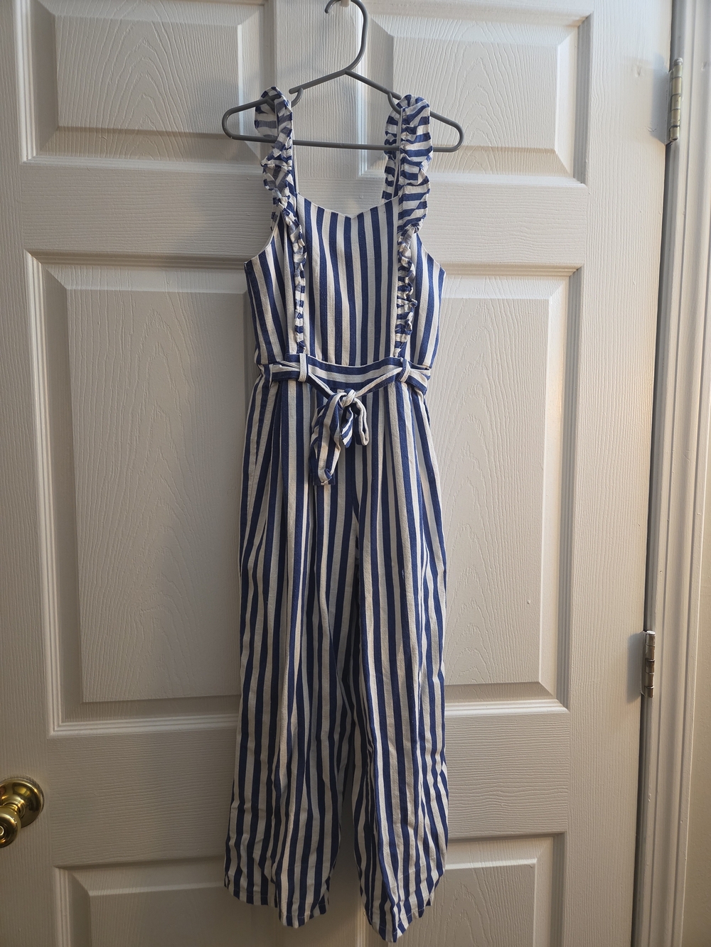 btween Blue and White Vertical Stripe Ruffle-Strap Jumpsuit Size 7 Small Kids